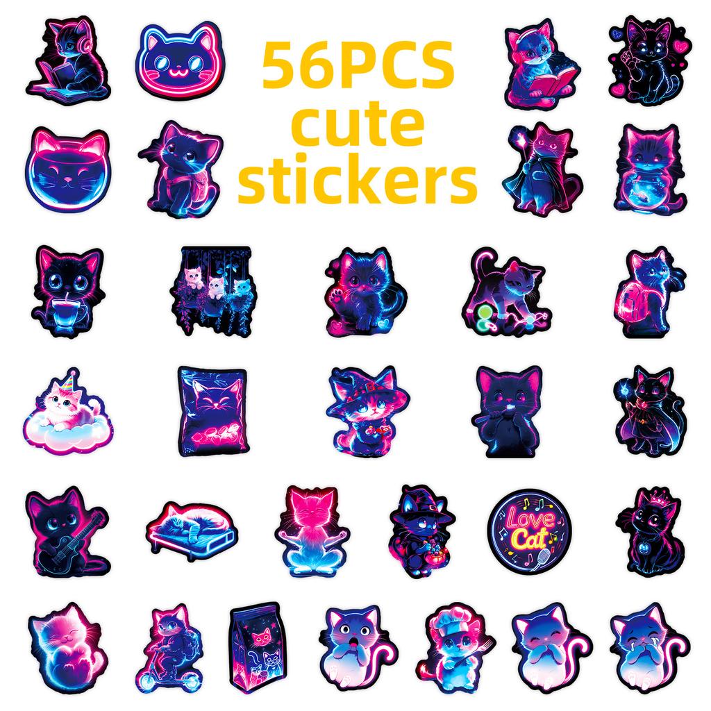 56PCS Neon Cat Graffiti Stickers Cool Colorful Lights Cartoon Cat Skateboard Decoration Stickers For Stationary Notebook