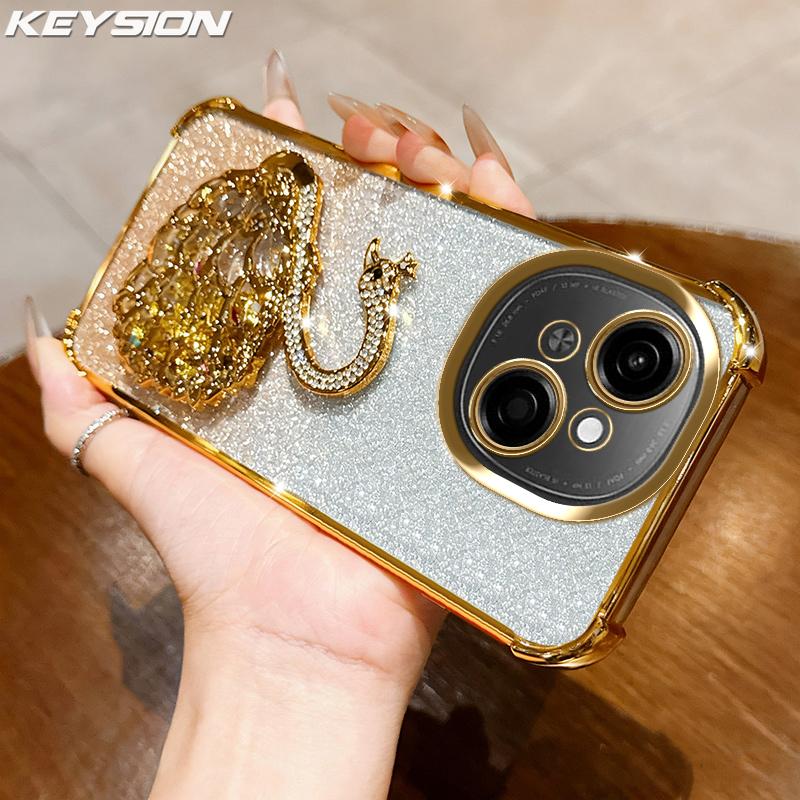 KEYSION Nárazuvzdorné pokovované TPU puzdro na telefón pre TECNO Spark Go 1 1S Go 2025 Trblietavé zdobené labuť so stojanom Zadný kryt pre Pop9 4G