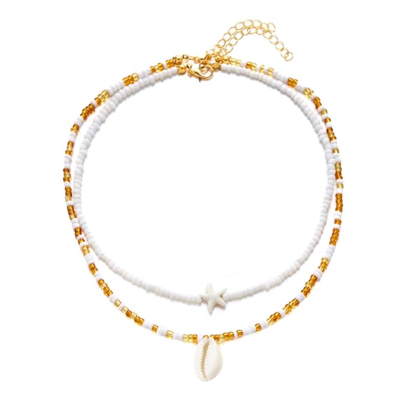 

2 Pieces Bohemian Double Layer Starfish Shell Beaded Necklace Perfect For Enhancing Your Style At The Beach Or Festivals білий/коричневий