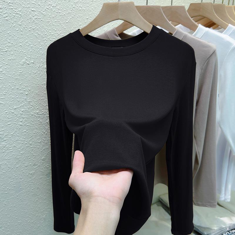 2025 Women's Stretch Cotton Long Sleeve T-shirt, Solid Color, Round Neck, Korean Style Top