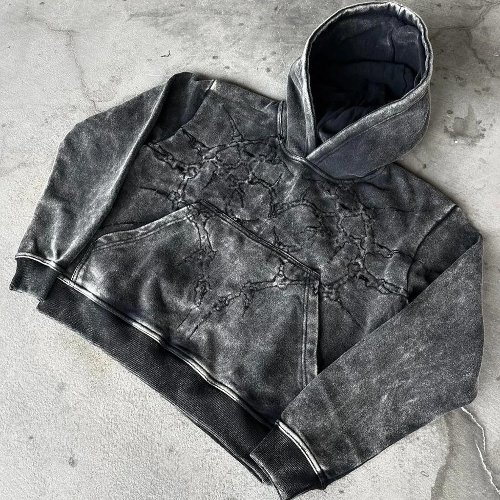 New Spot Sports Hoodie Harajuku Dark Washed Embroidered Sweater Couple Street Clothing Hoodie