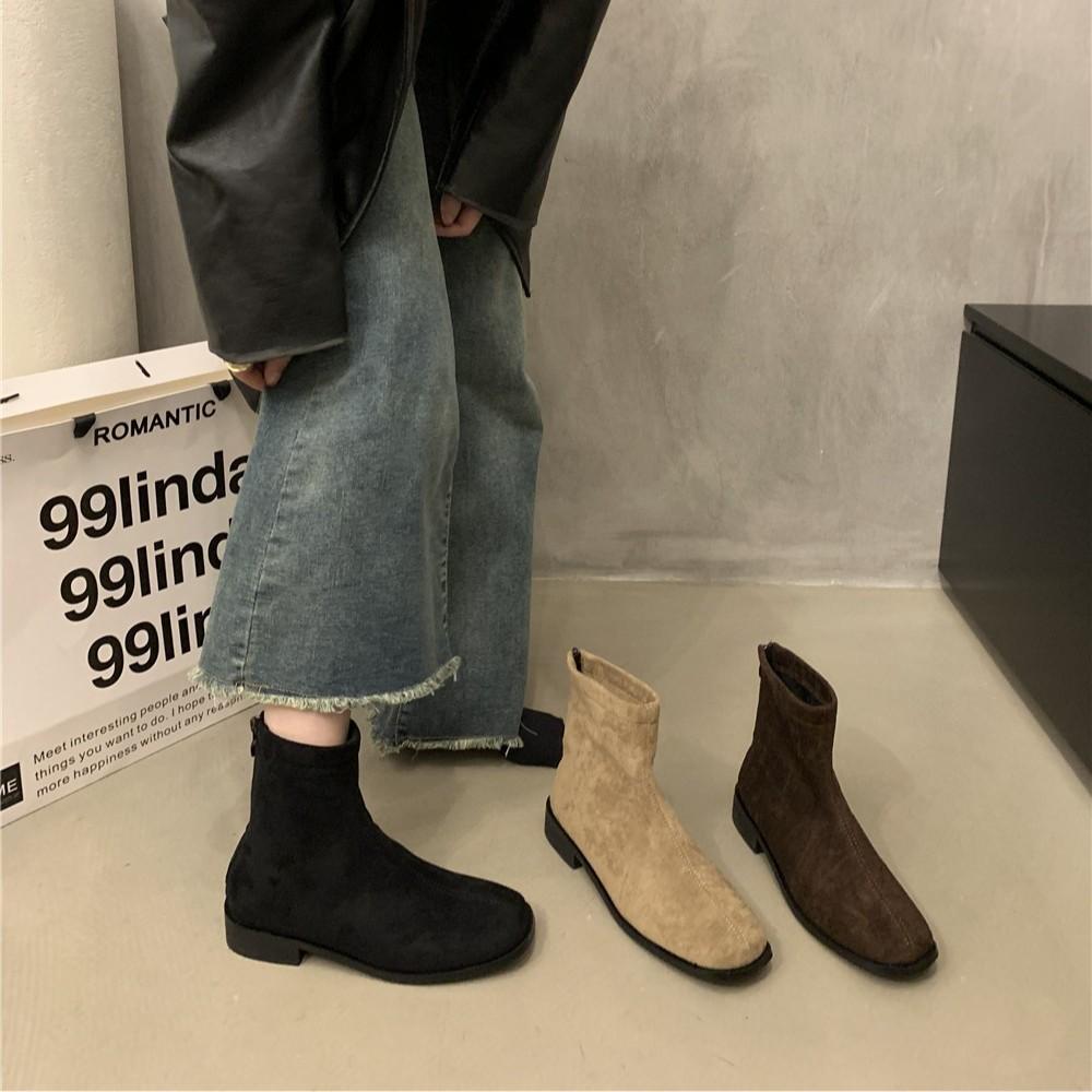 Bottines courtes décontractées pour femmes, bout carré, talon bas épais, bottines à fermeture éclair, bottines de marche Chelsea confortables en faux daim pour femmes