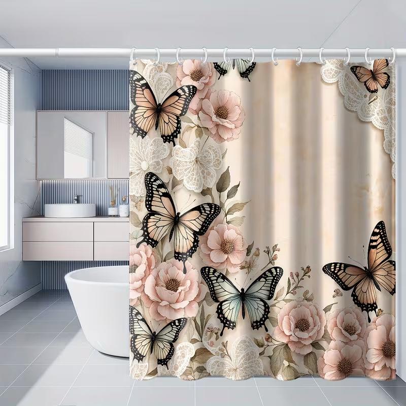 VIKAMA Pink Butterfly Print Shower Curtain Waterproof, Mould-Resistant Shower Curtain Light-Blocking Curtain Bathroom Decor 90X180C(3X5.9FT)