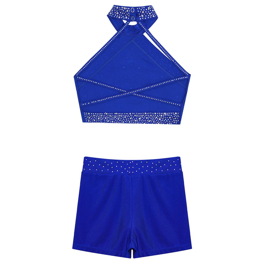 Gilet per Danza da Bambina con Schiena Scoperta a Incrocio Scollo all'Americana Senza Maniche e Cintura Scintillante con Strass Pantaloncini per Pattinaggio Artistico