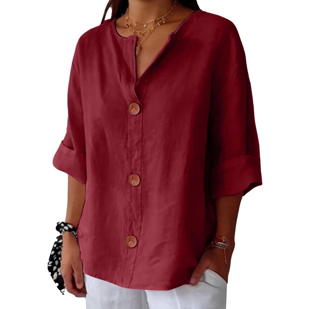 Women's Fashion Casual V-Neck Buttoned Seven-Point Sleeve Cotton T-Shirt Top