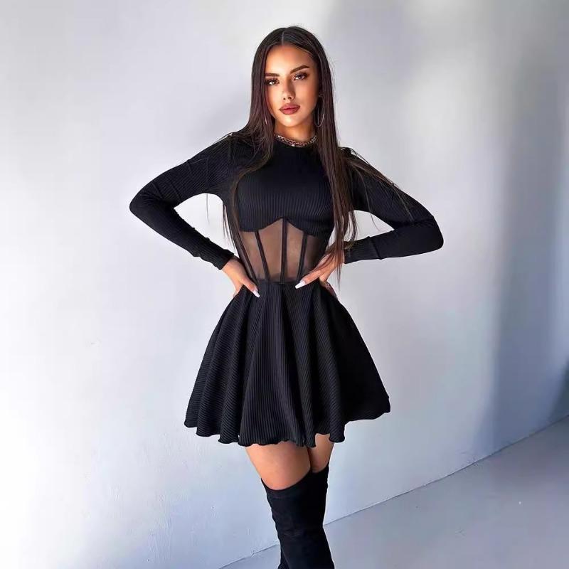 Women's Autumn Winter Fashion Round Neck Long Sleeve Dress Mesh Stitching Thin A-line Dress
