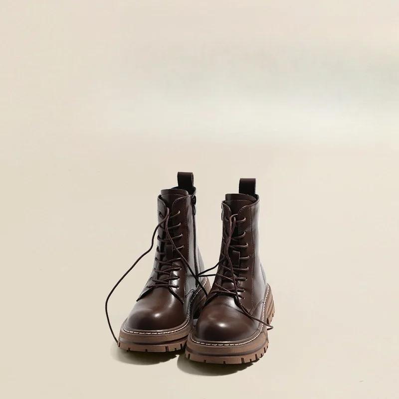 Fashion Genuine Leather Boots for Women Motorcycle Boots Women Thick Bottom Stitching Short Boot Classic Simple Style Women Ankle Boots