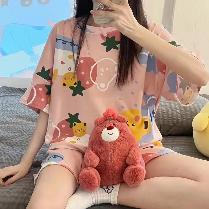 GMXIA Cute Panda Pajamas for Women In Summer, Short Sleeves and Shorts, Large-sized and Thin Summer Casual Home Wear Set