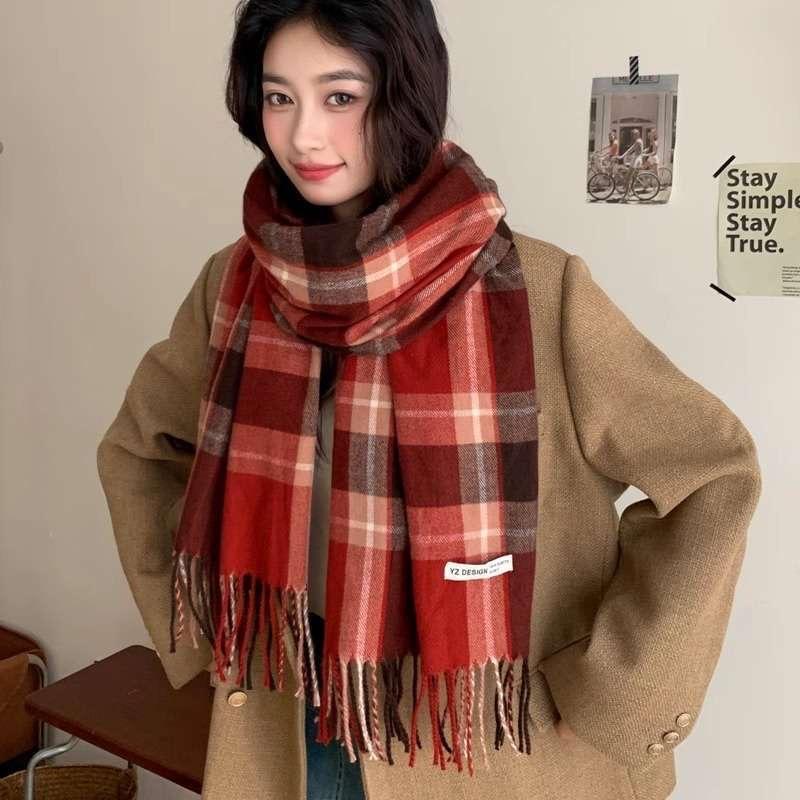 Red Scarf for Women in Winter Korean Style Plaid Versatile Warm High End Trendy New Year Gift Christmas Scarf Shawl