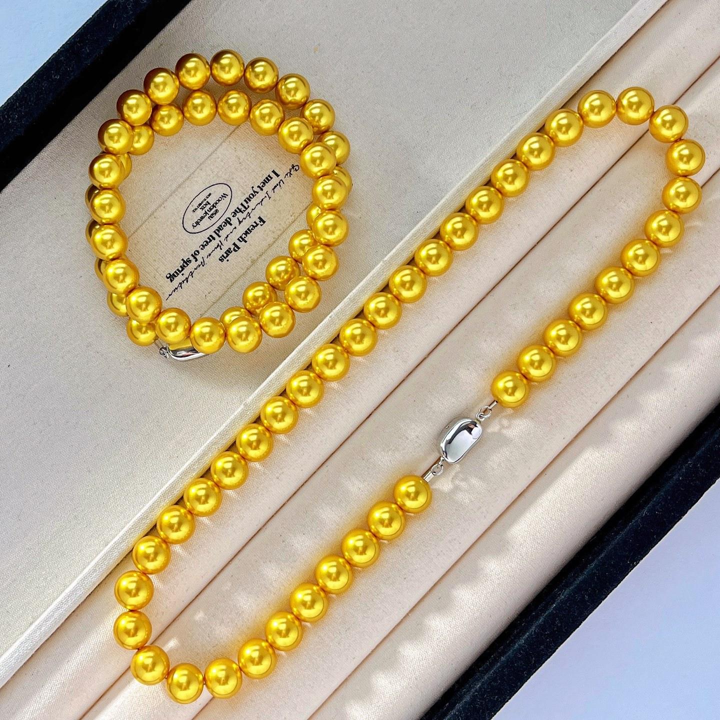 

Vintage 10Mm Large Granular High Quality Tea Gold Artificial Crystal Pearl Necklace Clavicle