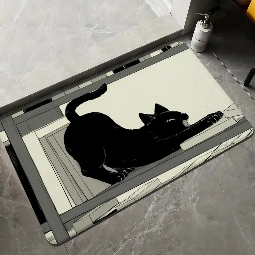 Cute Hand Drawn Black Cat Book Print Doormat Non-Slip Absorbent Washable Floor Mat for Bathroom Entryway Cat Lovers