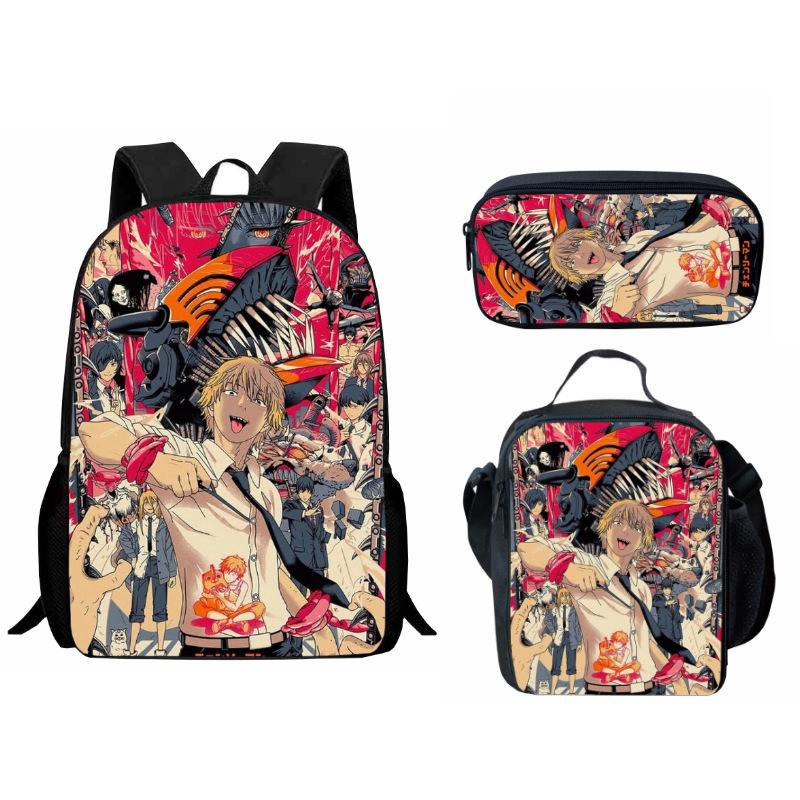 Printed Day Man Two-Dimensional Chainsaw Man Student Schoolbag Three-Piece Cartoon Backpack Lunch Bag