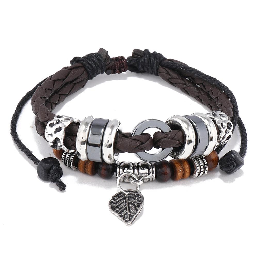 Creative Multi-layer Woven Leaf Pendant Men's Leather Bracelet
