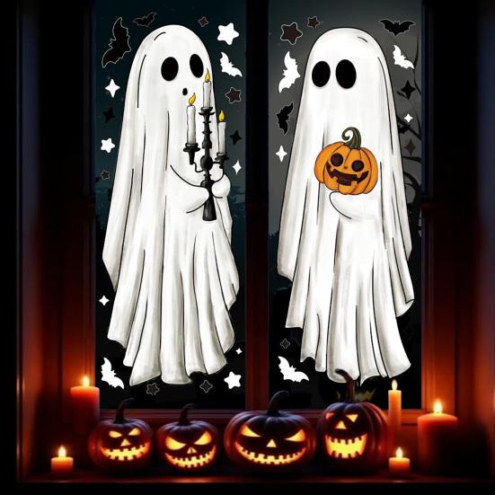 6 ks Halloweenské velké samolepky na okno s duchem Strašidelní duchové Netopýři Černá kočka Dýně Samolepky Odnímatelné Statické samolepky pro skleněnou okenní nástěnnou dekoraci