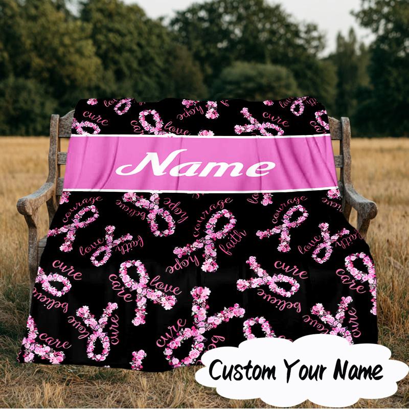 Custom Name Pink Ribbon Courage Blanket Ideal Bedding Blanket Perfect for Travel, Camping, Living Rooms, Offices, Sofas, Fan Christmas gift
