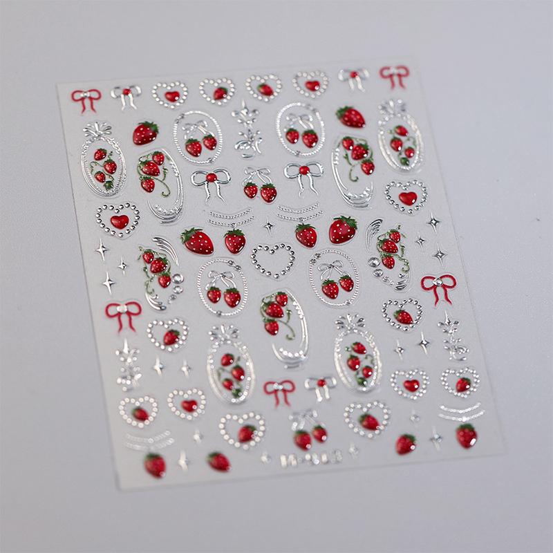 1 Sheet Chic Self Adhesive Manicure Decal Lovely Red Fruit Strawberry Bowknot 5D Nail Art Stickers Diy Accessories