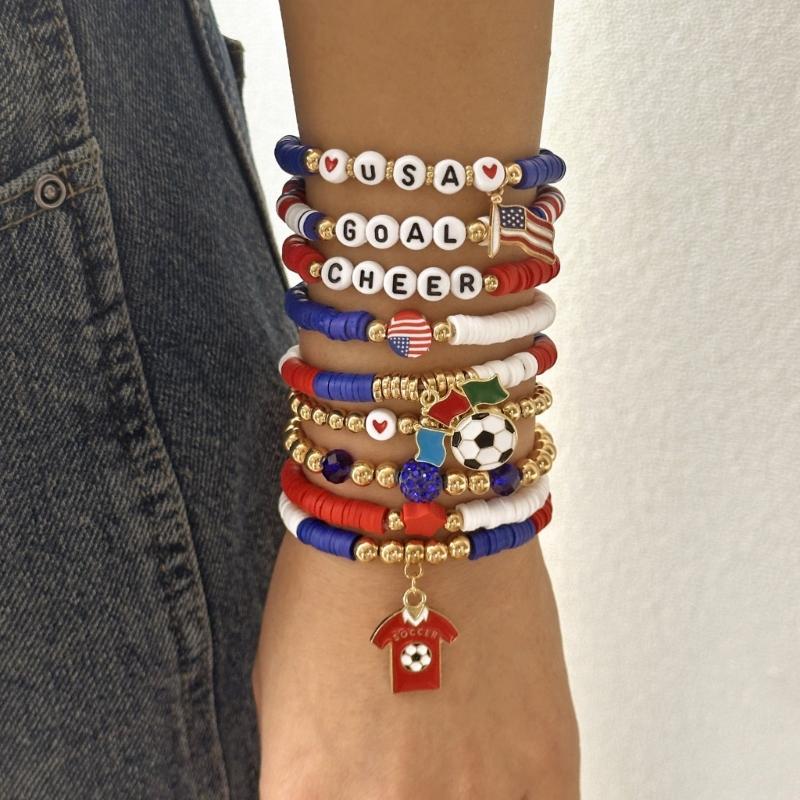 Soccer Themed Bracelets With Football Charm For Women And Men Elastic Adjustable Wristbands For Fan