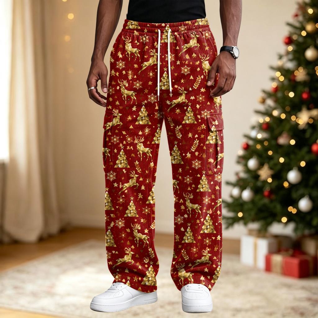 Men's Streetwear Casual Loose Fit Comfortable Athletic Pants with Christmas Print for Holiday Lounging