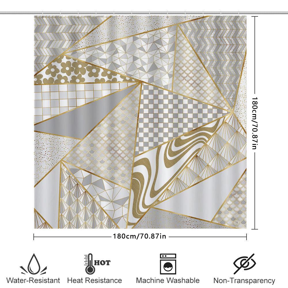 White Gold Geometric Shower Curtain, Luxury Bathroom Decor, Modern Bathtub Cover Waterproof Fabric For Wet Areas, 72 X 84 Inches