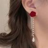 Wine Red Flocking Bow Pearl Tassel Earrings For Women Elegant Trending Luxury Red Rose Flower Long Tassel Earrings Jewelry Gifts