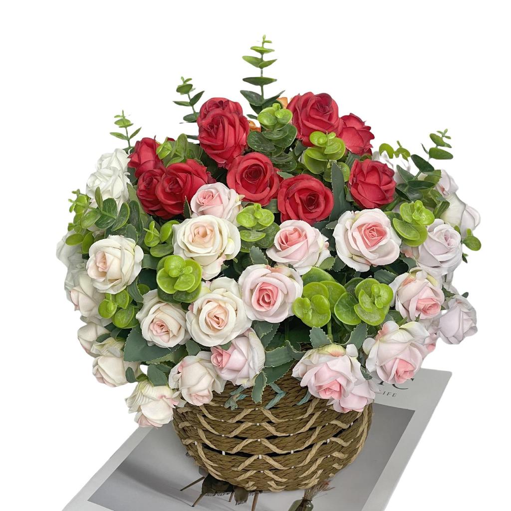 Realistic Eucalyptus and Small Rose Artificial Flowers for Living Room Decoration