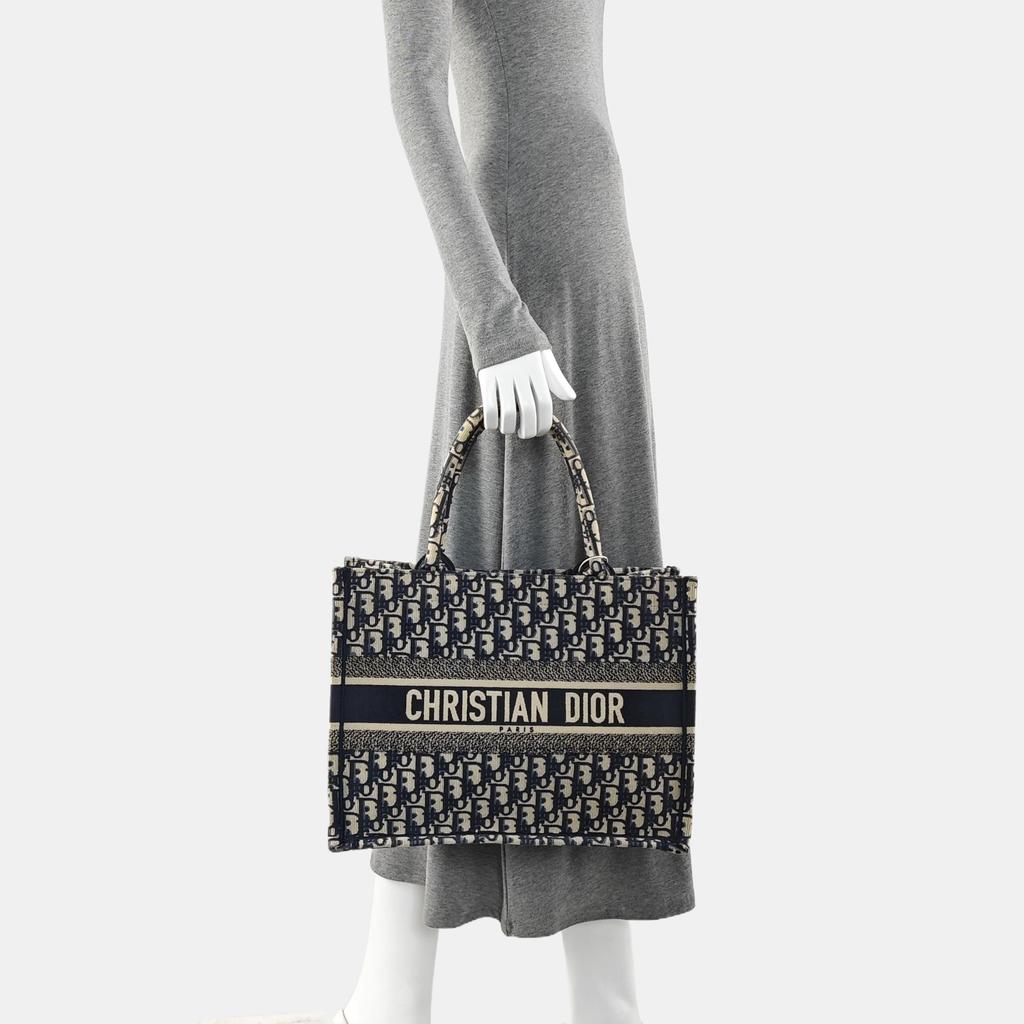 [Usato] Borsa Tote Media Tela Blu Ricamo Monogramma Borsa a Mano - Ottime Condizioni #7AWINR