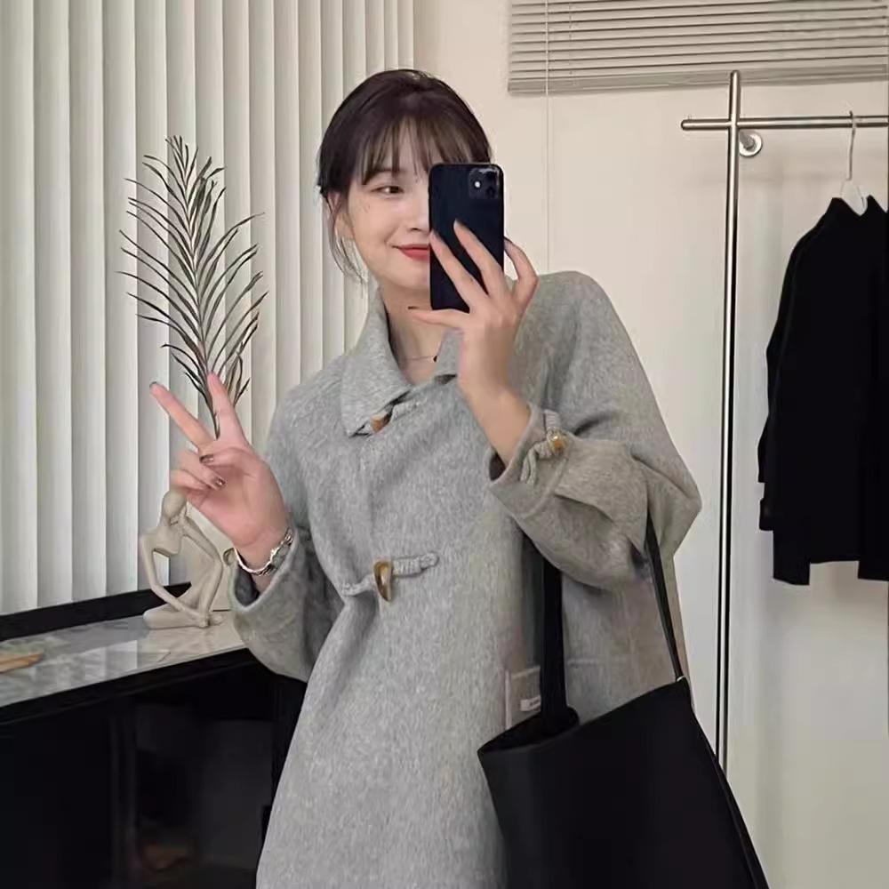 Autumn and winter new woolen coat women's horn buckle thickened high-end medium and long double-sided cashmere coat