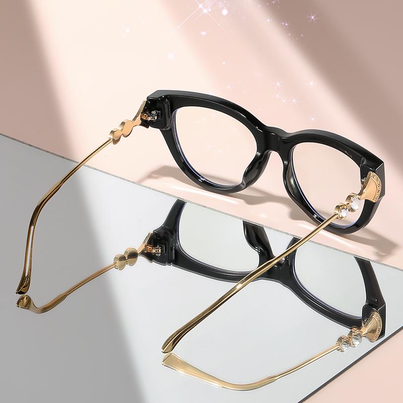 New Cat-eye Flat Glasses with Diamond Temples High-end Anti-blue Light Versatile Eyewear for Women