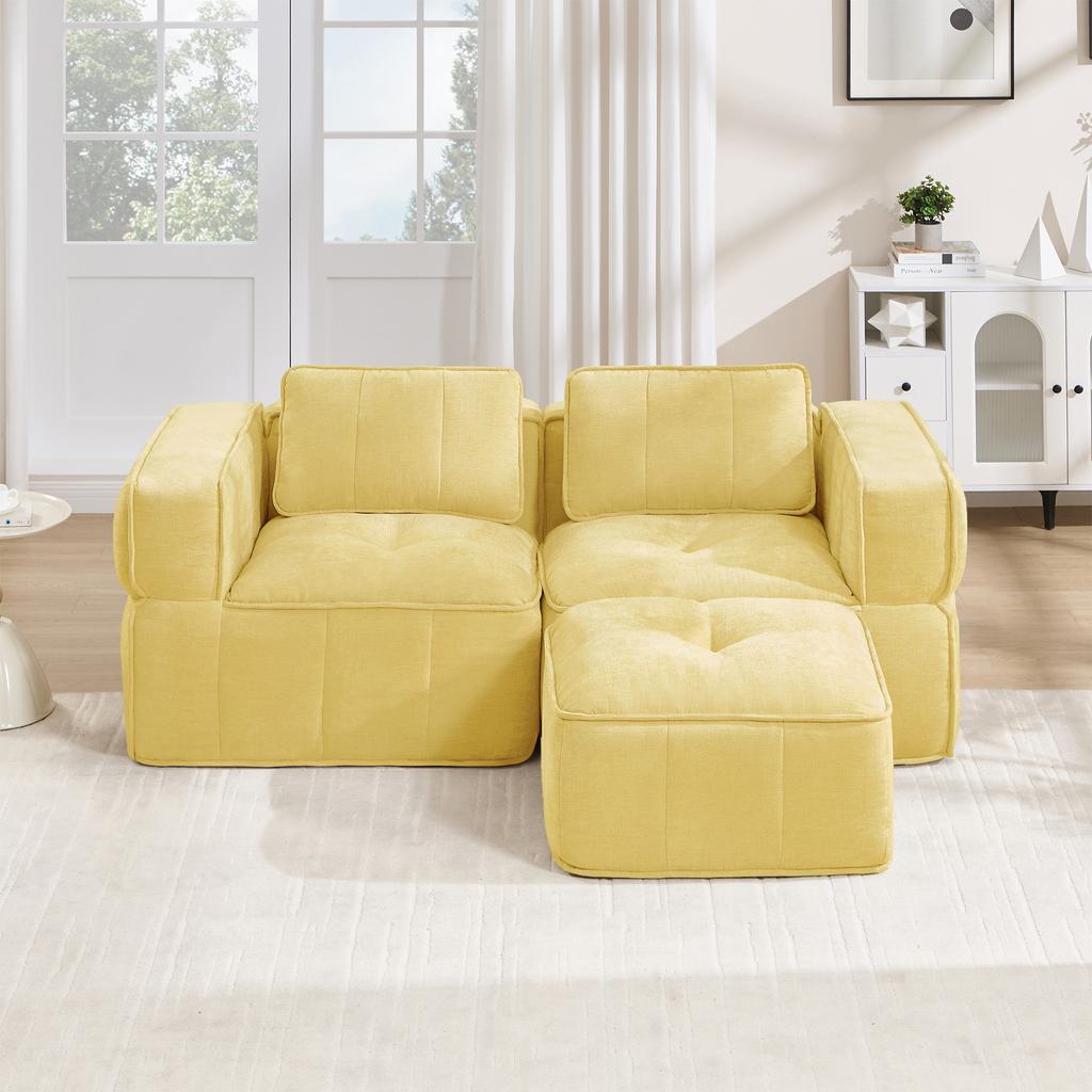 L-shaped two-seater sofa without frame with ottoman, 32D high-density foam, deep seat, skin-friendly fabric, non-slip, for living room, Yellow.