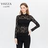 VOZZA Stretch-Bluse mit langem und einem hohen Power-Netz-Lang und einem Stehkragen, floral eng und entspannt, Damen-Allover-Spitze, durchscheinende Stickerei,