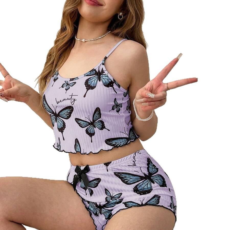 Butterfly Ladies Homewear Set With Polyester Fabric For Casual Lounge And Sleep
