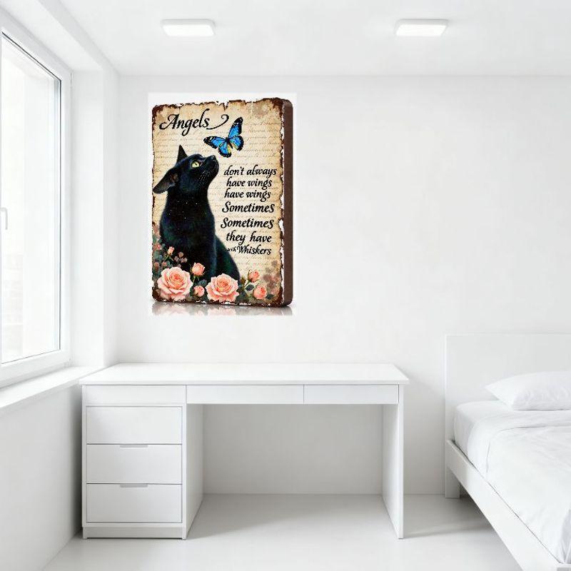 Vintage Rustic Angels Metal Tin Sign with Black Cat & Blue Butterfly, Whiskers Text, Pink Roses - Old Fashioned Aged Paper Decor