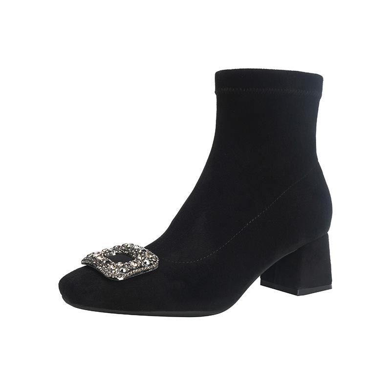 Suede Skinny Boots Coarse Heel Medium Heel Short Boots Women's Autumn and Winter Single Boots Rhinestone Square Head Internet Celebrity Elastic Flee