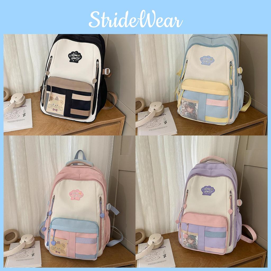 Color Blocked Cute Large Capacity Student Backpack With Pendant Teens For