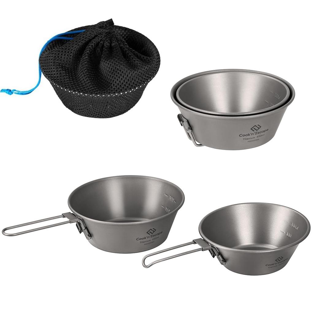 Titanium Sierra Cup Set Lightweight Open Fire Compatible Folding Handle with Scale COOK'N'ESCAPE 300ml-450ml
