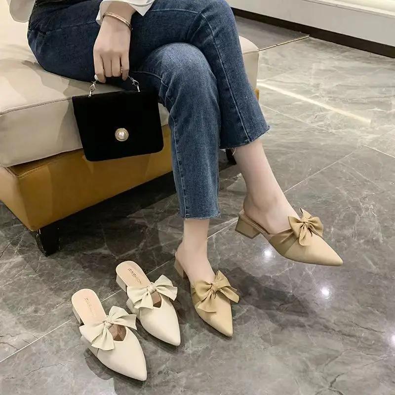 With Bow Low Heel Outside Shoes Khaki Women's Slippers and Ladies Sandals Pointed Toe Slides Mules Korea Style G Luxury H Sandal
