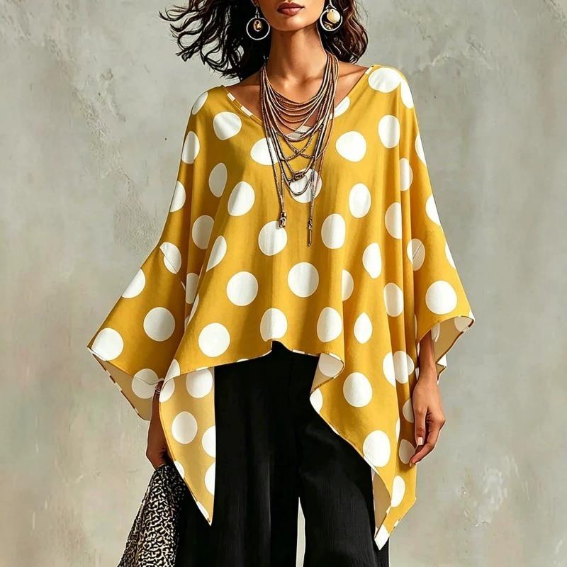 Women Polka Dot Print V Neck Patchwork Loose Casual Blouse Top