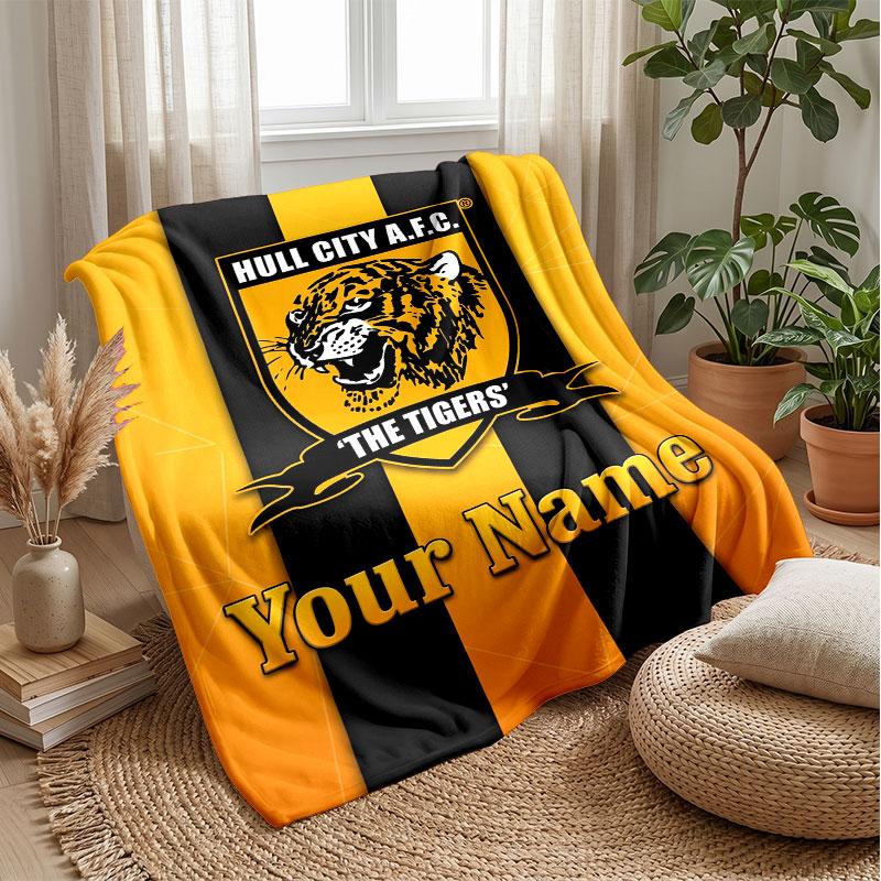 Coperta di Flanella con Testo Nome Personalizzato Hull City Logo Calcio Plaid in Pile Personalizzato Regalo Speciale per Divano Camera da Letto Casa