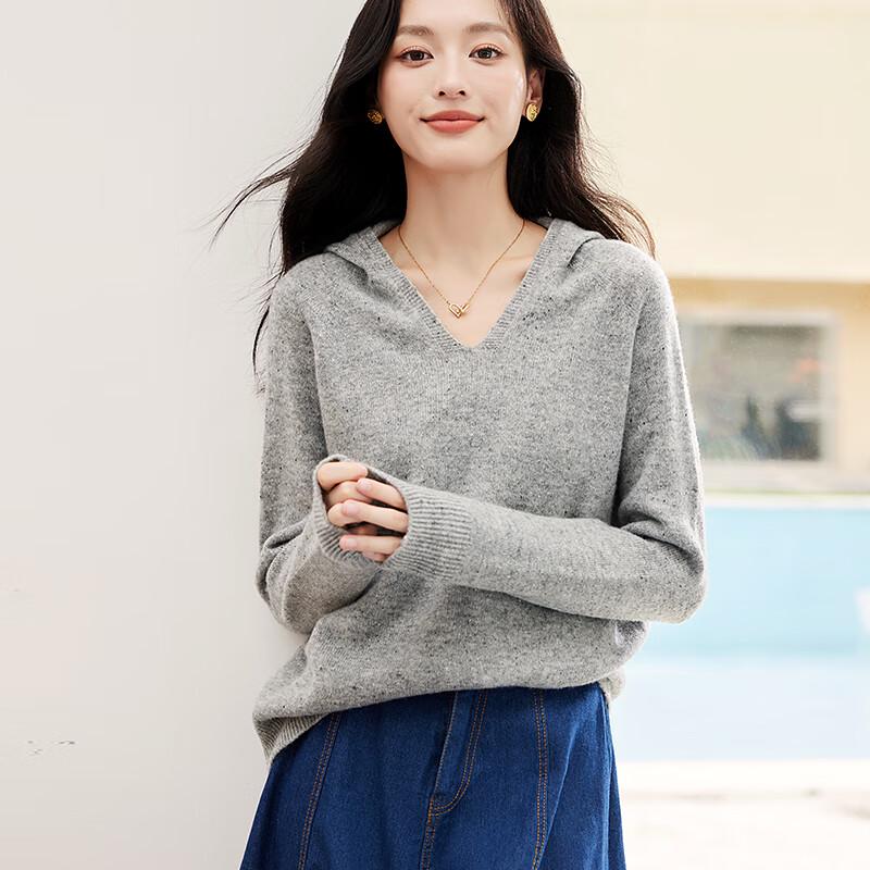 

VICTORIA&VERA Women s Polka Dot Hooded V-Neck Knit Sweater L