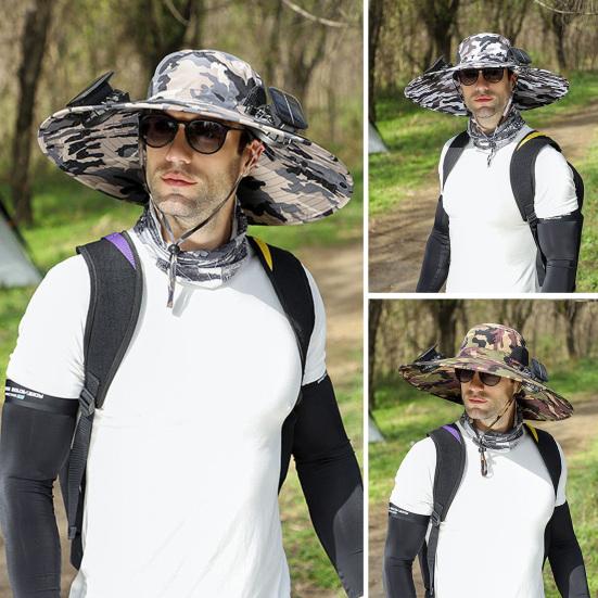 Unisex-Solar-Lüfterkappe, große Krempe, winddichter Riemen, USB-Aufladung, UV-Schutz vor Sonnenlicht, Camouflage-Print, hohles Netzgewebe, Outdoor, Angeln, Camping