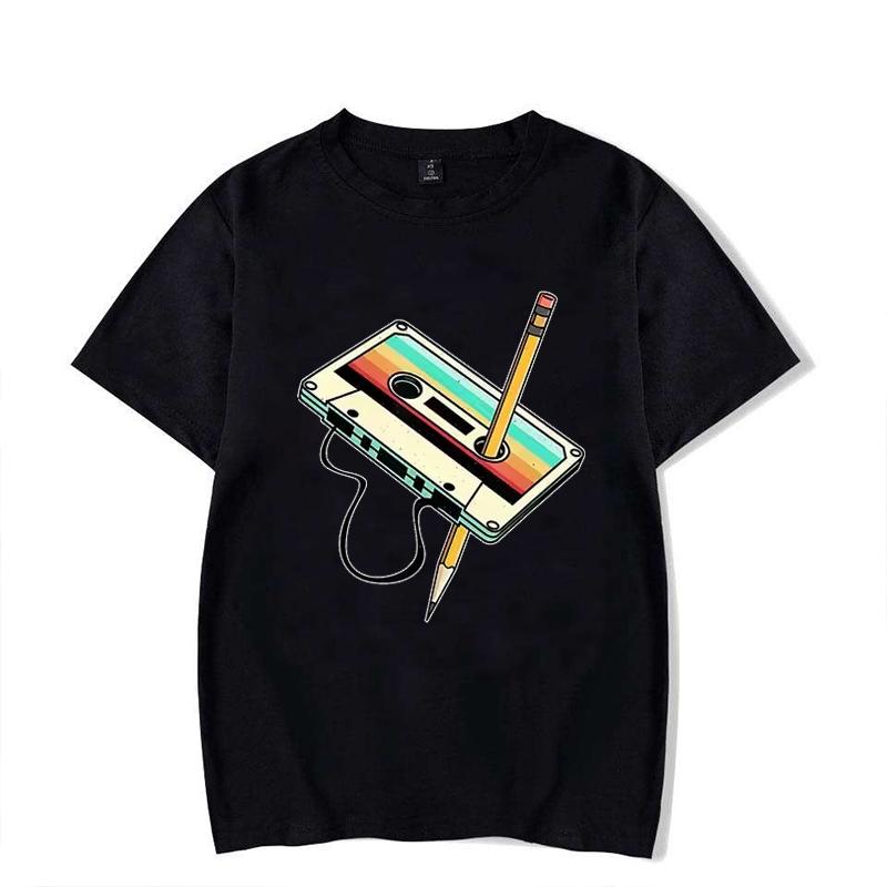 Men Short Sleeve 80s Cassette Tape Pencil 1980s Retro Vintage Throwback Music T-Shirt Women Clothing Vintage T Shirt Camisetas
