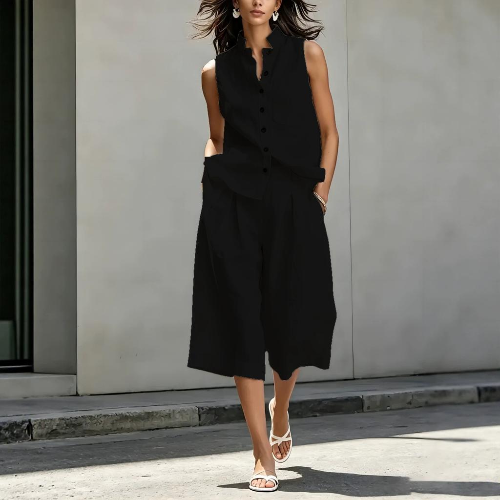 Dámský 2dílný set z lněné směsi: Bezrukávová košile na knoflíky a culottes. Ležérní letní outfit