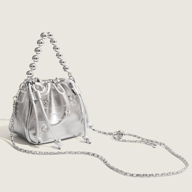 High-end Pleated Drawstring Bucket Bag Chain Women Summer New Fashion Simple Shoulder Bag Trendy Crossbody Women Bag