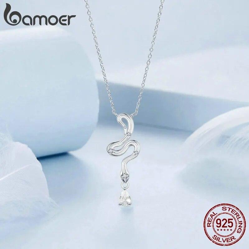 BAMOER 925 Sterling Silver Snake Pendant Necklace Pave Setting CZ for Women Adjustable Chain Link Fine Jewelry Party Gift