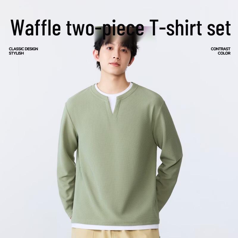 MINISO Men's Waffle-Knit Long Sleeve Fake Two-Piece T-Shirt