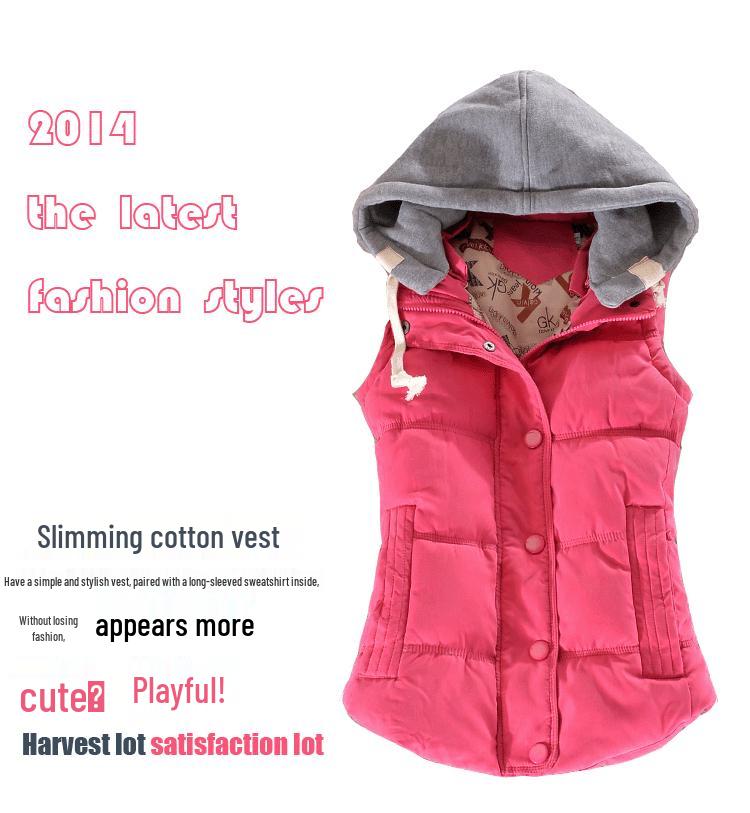 Korean Style Women's Hooded Peach Velvet Sleeveless Cotton Vest - Autumn/Winter Collection