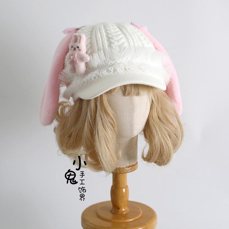 

Original Plush Beret Pink Blue Bow Rabbit Ears Baseball Cap Autumn and Winter Warm Wool Hat for Women