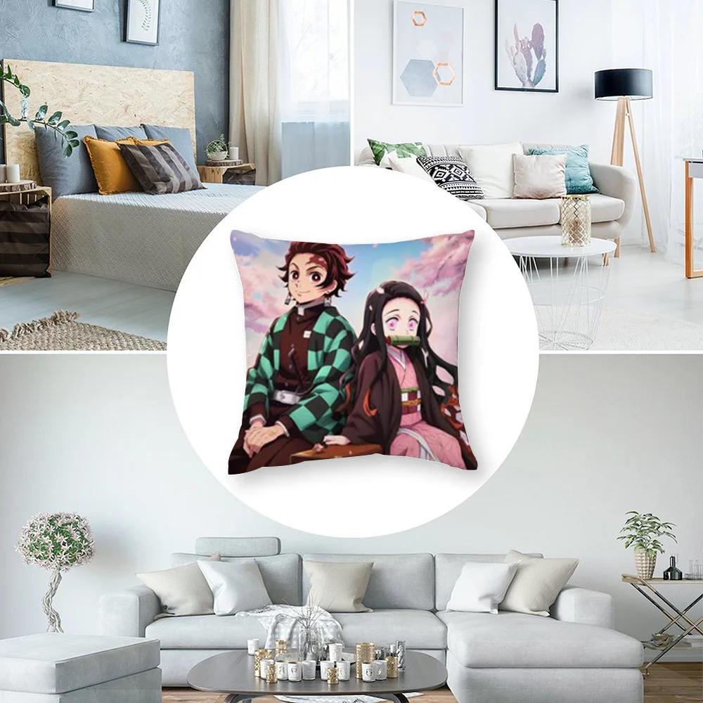 Demon S-Slayer K-Kamado T-Tanjiro N-Nezuko Pillow Case Short Plush Sofa Decorative Gift Home Double-sided Printing Cushion