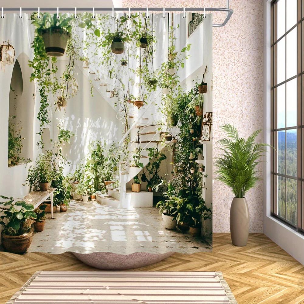 1pc Shower Curtain - Indoor Garden with Hanging Plants and Staircase Design for a Natural Bathroom Waterproof