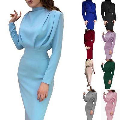Herbst Neue Mode Temperament Taille Schlank Elegant Einfarbig Langarmkleid